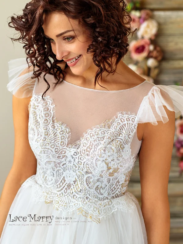 Romantic Boho Wedding Dress with Scalloped Lace Top