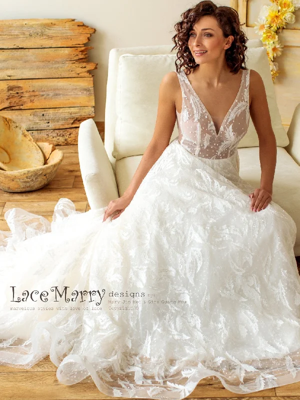 Sparkling Lace Wedding Dress with V Neckline