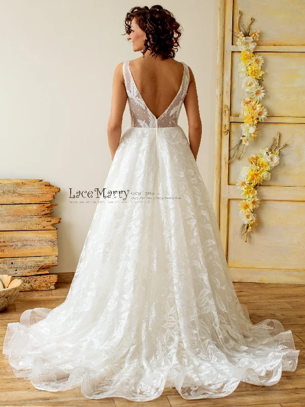 Sparkling Lace Wedding Dress with V Neckline