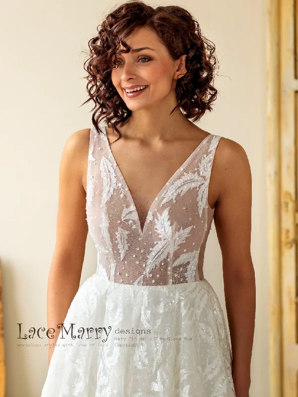 Sparkling Lace Wedding Dress with V Neckline