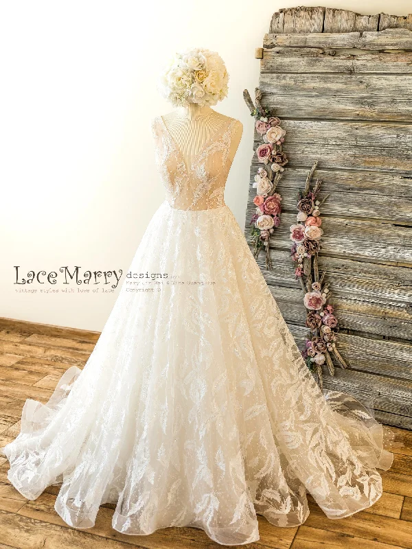 Sparkling Lace Wedding Dress with V Neckline