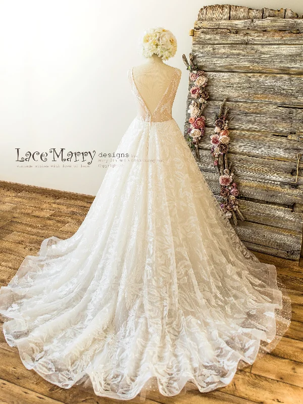 Sparkling Lace Wedding Dress with V Neckline