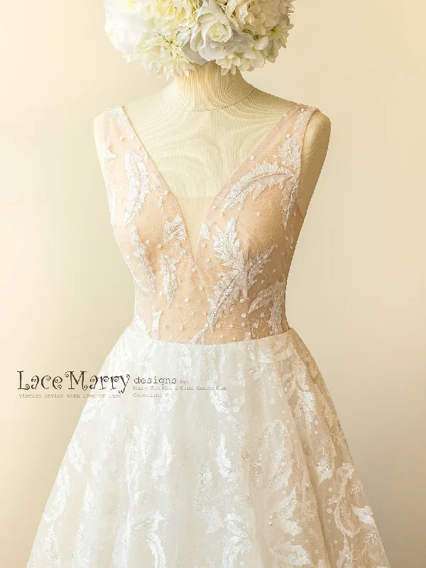 Sparkling Lace Wedding Dress with V Neckline