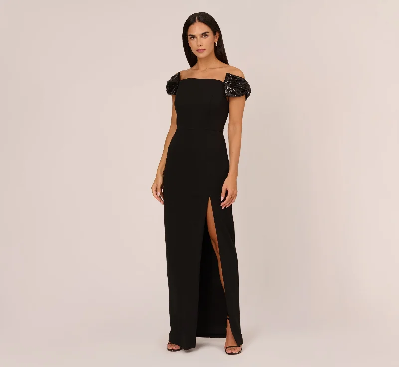 Stretch Crepe Off The Shoulder Gown With Sequin Bows In Black