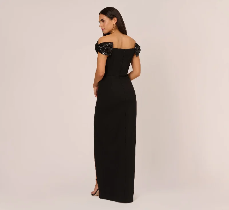 Stretch Crepe Off The Shoulder Gown With Sequin Bows In Black