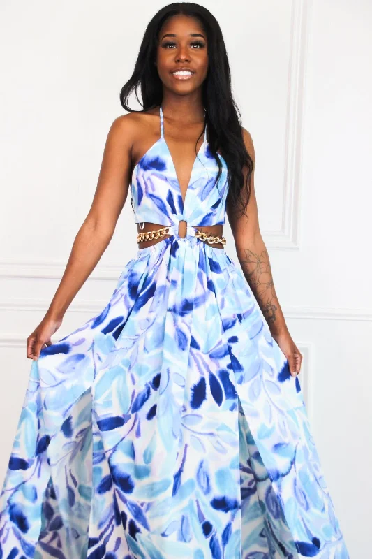 Summer Swirl Cutout Chain Maxi Dress: Royal Blue/White Multi