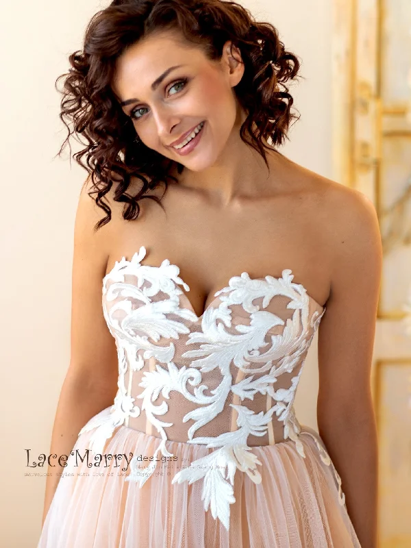 Swirl Lace Strapless Wedding Dress with Corset Back