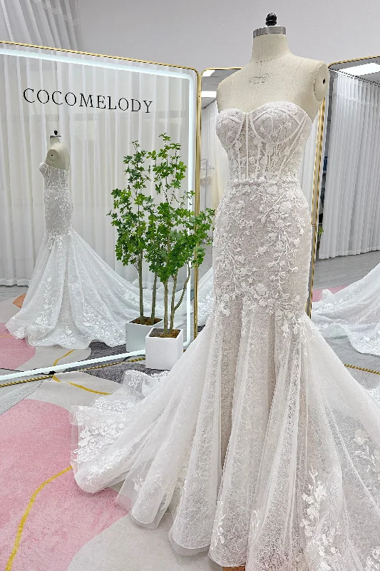 Trumpet-Mermaid Court Train Lace Tulle Wedding Dress CW3275