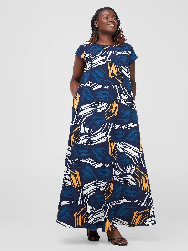 Vivo Basic Cap Sleeve Maxi Tent Dress - Navy / White Print