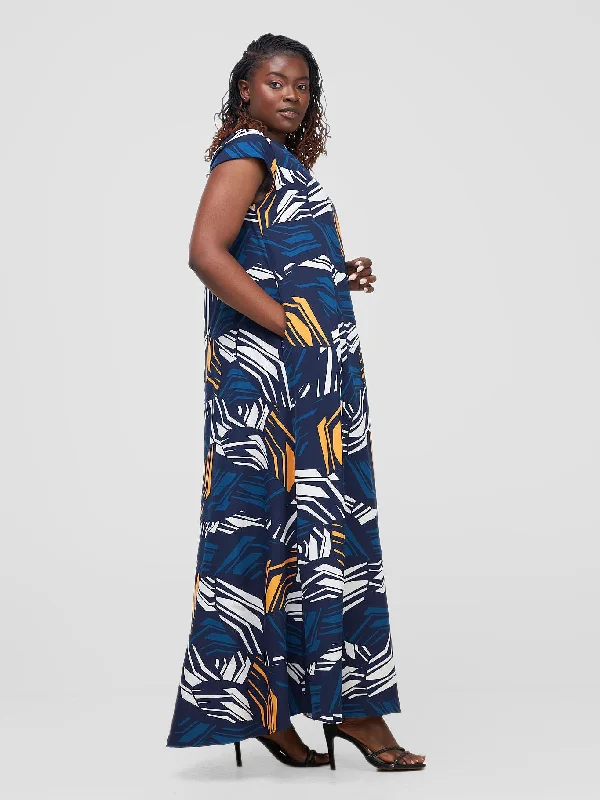 Vivo Basic Cap Sleeve Maxi Tent Dress - Navy / White Print