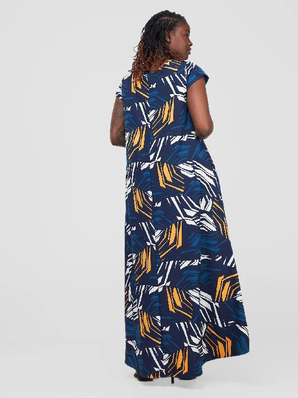 Vivo Basic Cap Sleeve Maxi Tent Dress - Navy / White Print