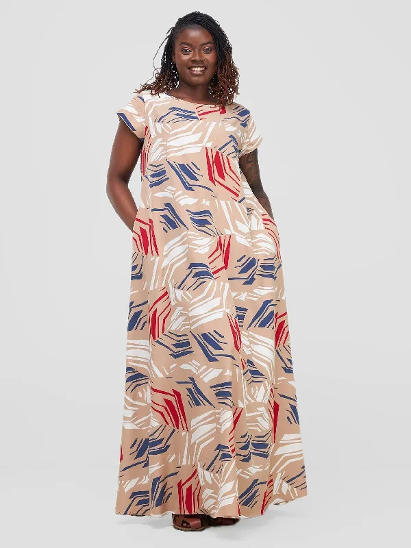 Vivo Basic Cap Sleeve Maxi Tent Dress - Taupe / Red Print