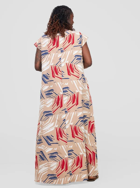 Vivo Basic Cap Sleeve Maxi Tent Dress - Taupe / Red Print