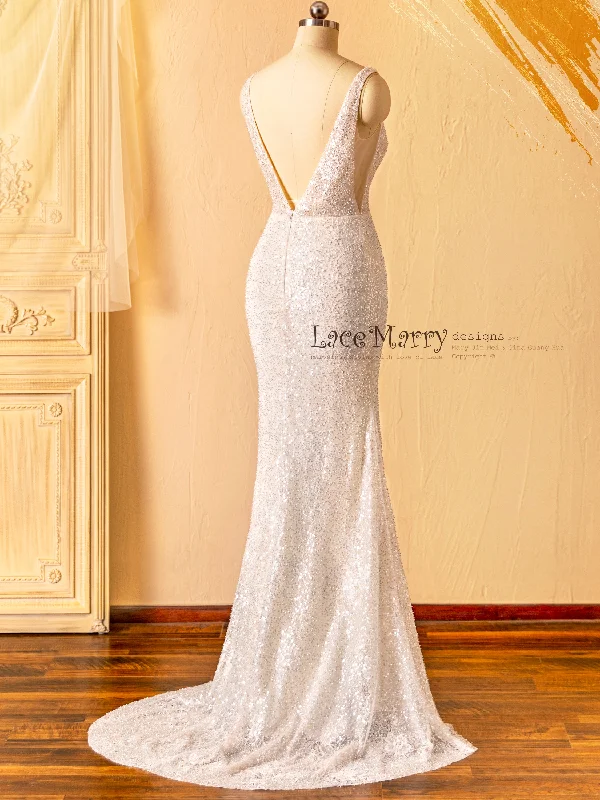 ZURI / Elegant Sparkling Wedding Dress with Illusion Neckline and Deep V Back