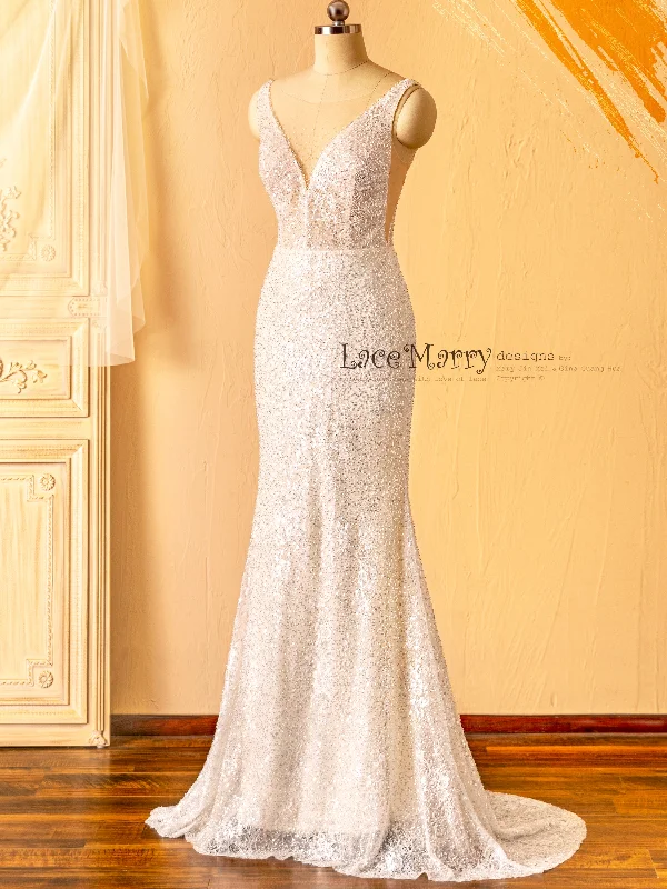 ZURI / Elegant Sparkling Wedding Dress with Illusion Neckline and Deep V Back