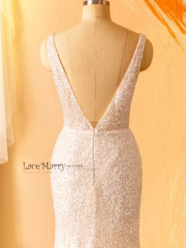 ZURI / Elegant Sparkling Wedding Dress with Illusion Neckline and Deep V Back