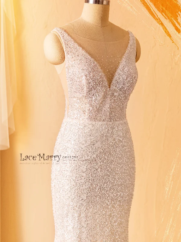 ZURI / Elegant Sparkling Wedding Dress with Illusion Neckline and Deep V Back