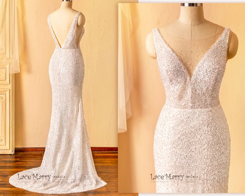 ZURI / Elegant Sparkling Wedding Dress with Illusion Neckline and Deep V Back