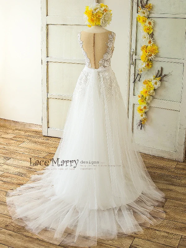 3D Lace Boho Wedding Dress with Sheer Nude Top