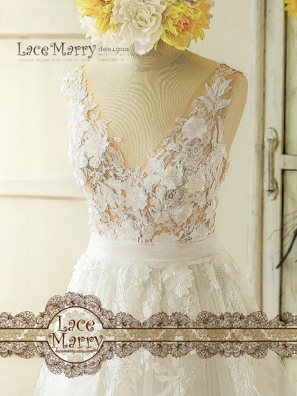 3D Lace Boho Wedding Dress with Sheer Nude Top