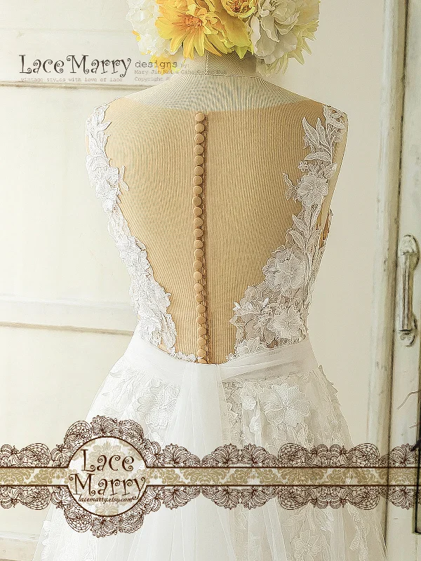 3D Lace Boho Wedding Dress with Sheer Nude Top