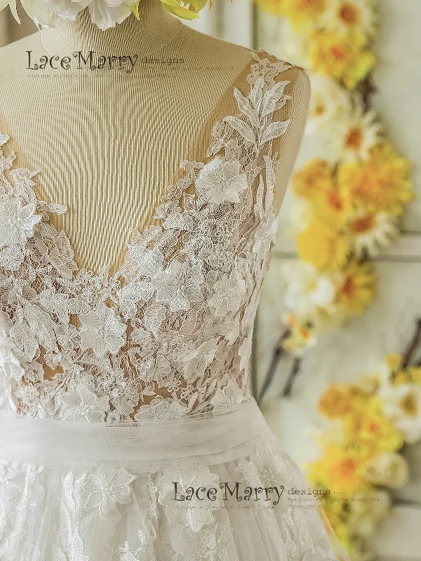 3D Lace Boho Wedding Dress with Sheer Nude Top