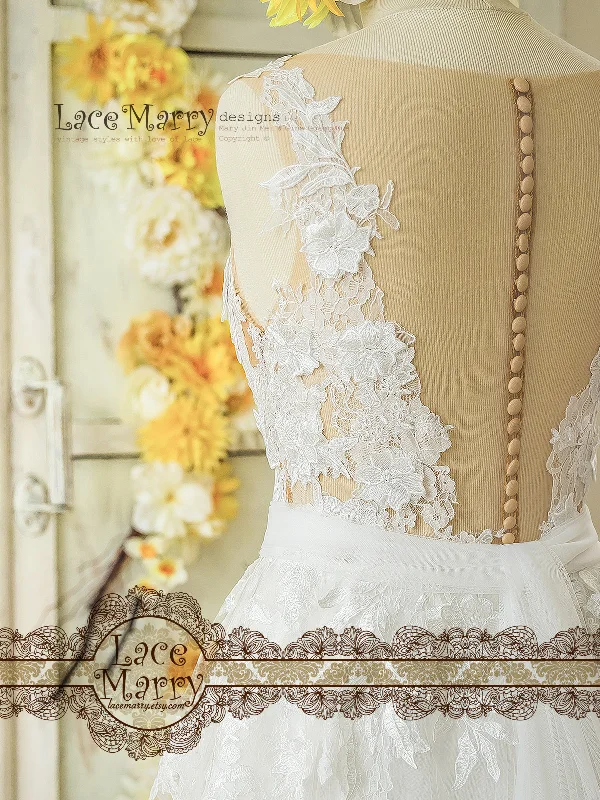 3D Lace Boho Wedding Dress with Sheer Nude Top