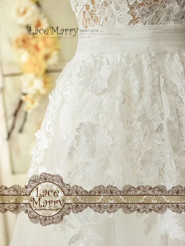 3D Lace Boho Wedding Dress with Sheer Nude Top