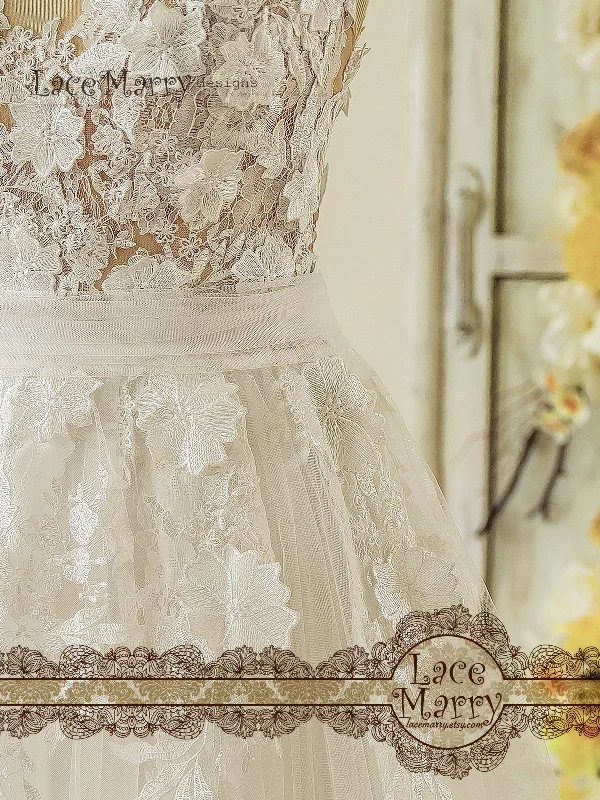 3D Lace Boho Wedding Dress with Sheer Nude Top