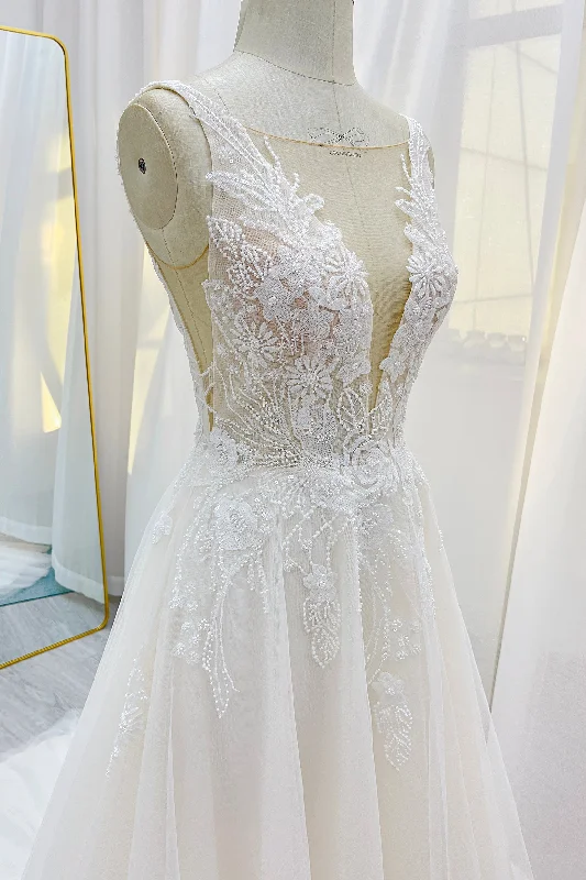 A-Line Chapel Train Lace Tulle Wedding Dress CW3241