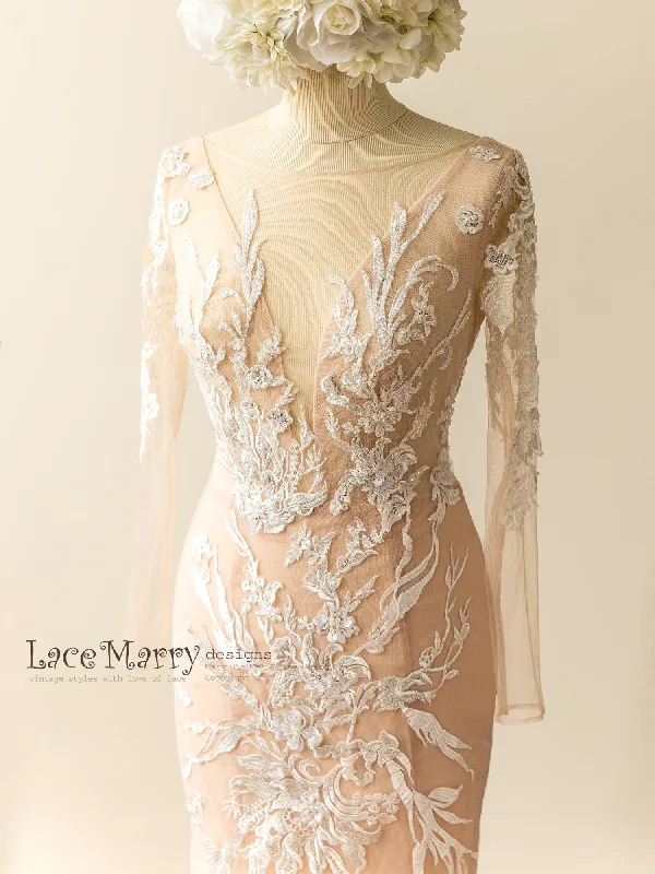 Amazing Lace Wedding Dress with Handmade Beading and Long Sleeves