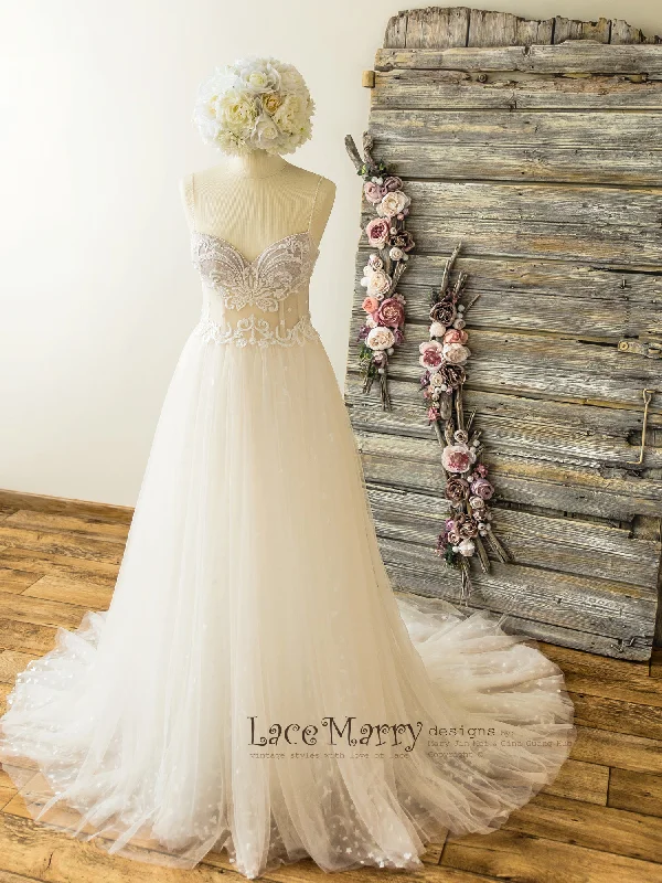 Beautiful Summer Wedding Dress with Beaded Swirl Lace