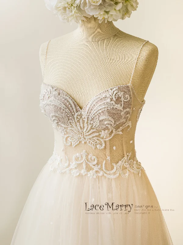 Beautiful Summer Wedding Dress with Beaded Swirl Lace