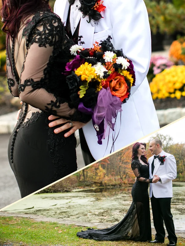 Black Lace Wedding Dress with Sheer Open Back