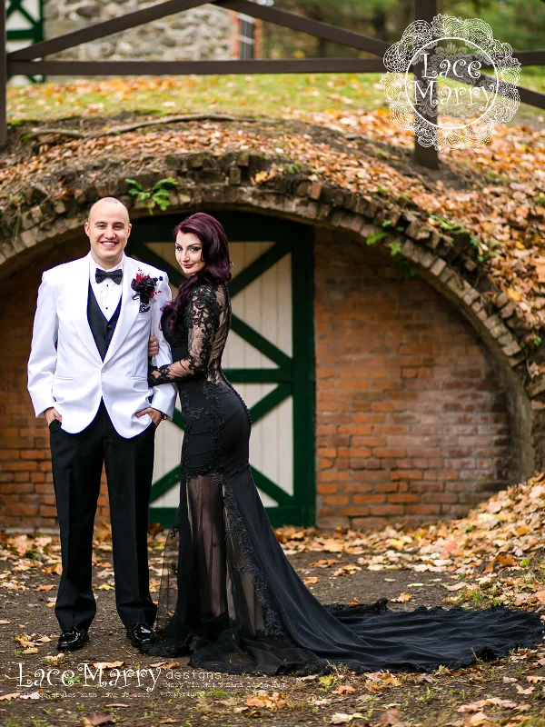 Black Lace Wedding Dress with Sheer Open Back