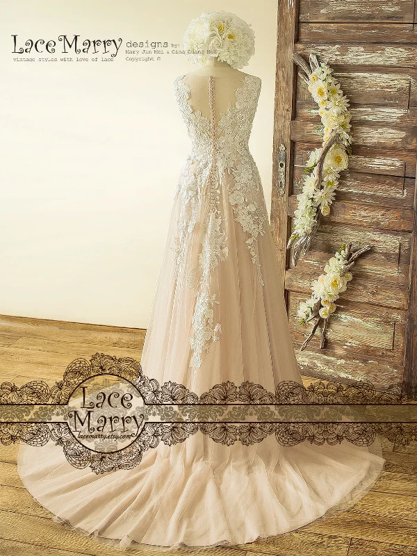 Boho Blush Wedding Dress with Ivory Lace 3D Flower Appliques