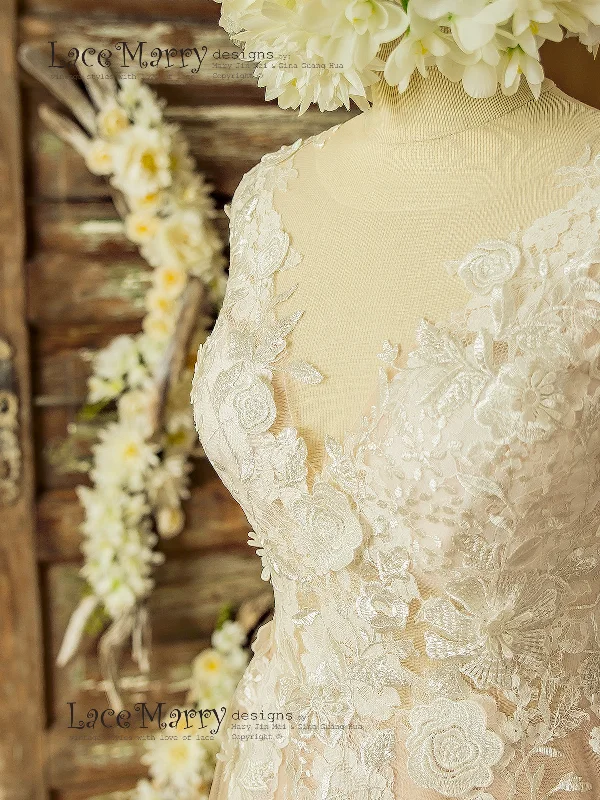 Boho Blush Wedding Dress with Ivory Lace 3D Flower Appliques