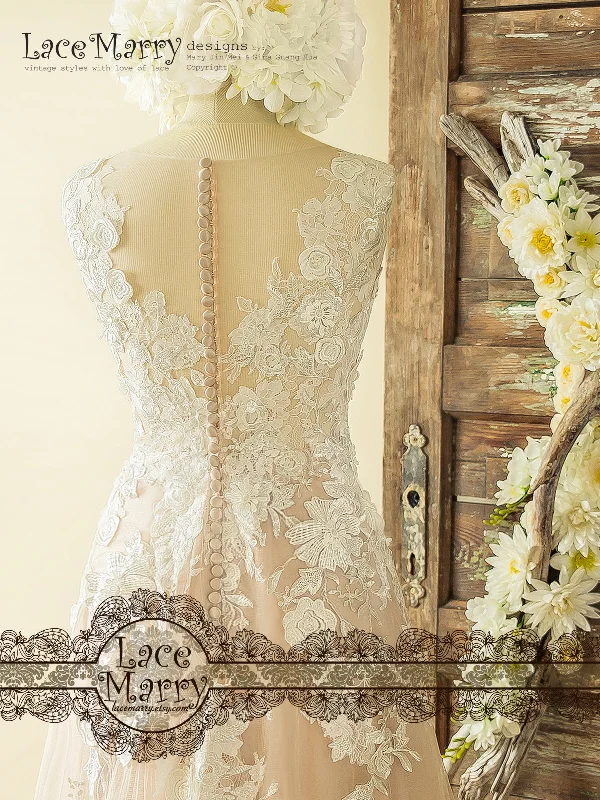 Boho Blush Wedding Dress with Ivory Lace 3D Flower Appliques