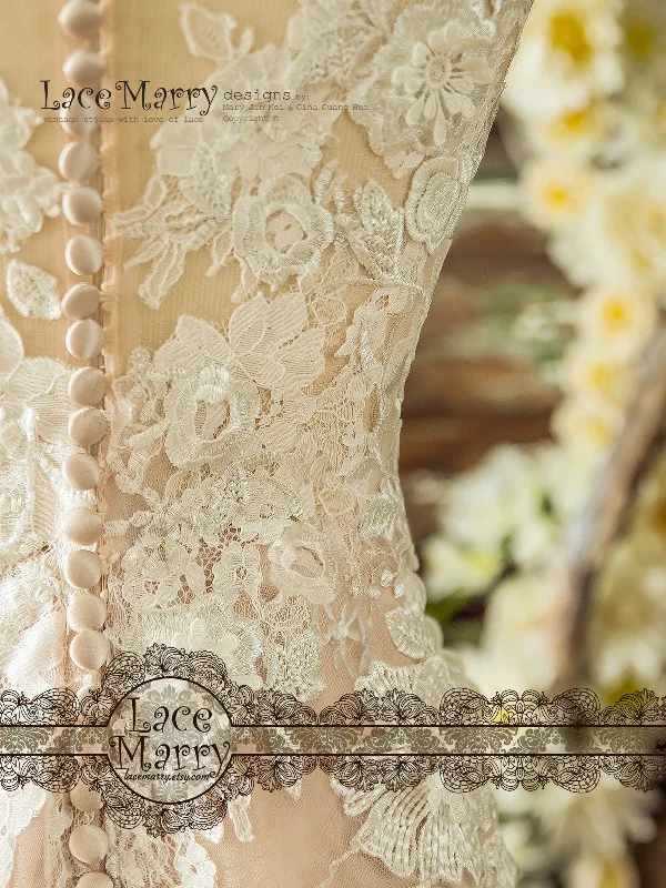 Boho Blush Wedding Dress with Ivory Lace 3D Flower Appliques