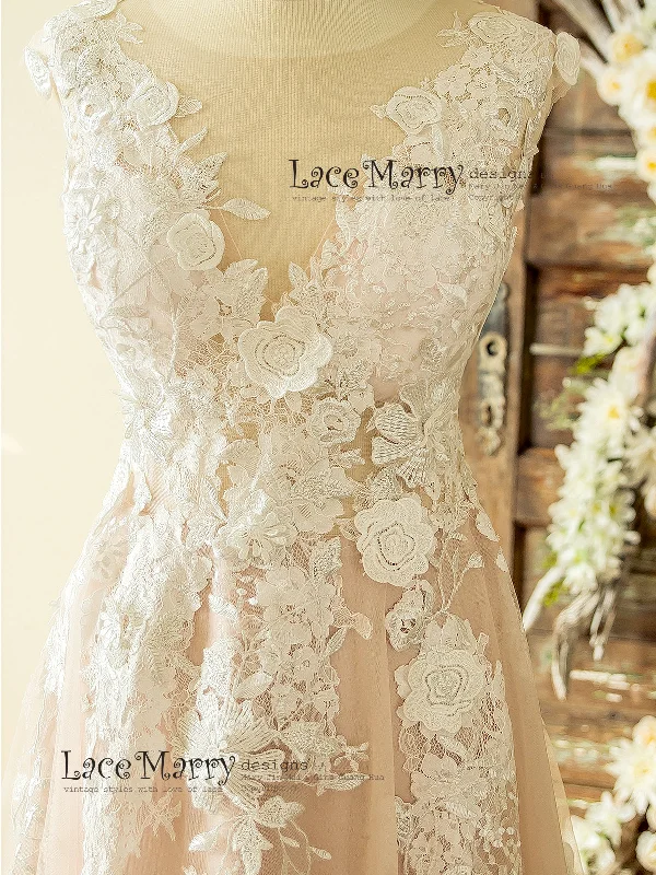 Boho Blush Wedding Dress with Ivory Lace 3D Flower Appliques