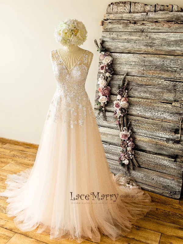 Boho Wedding Dress with Sparkly Ivory Flower Applique