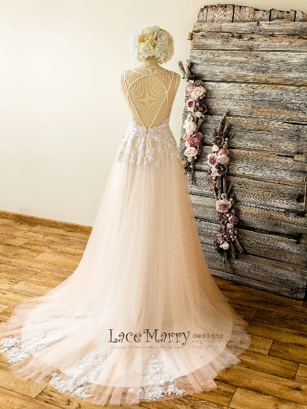 Boho Wedding Dress with Sparkly Ivory Flower Applique