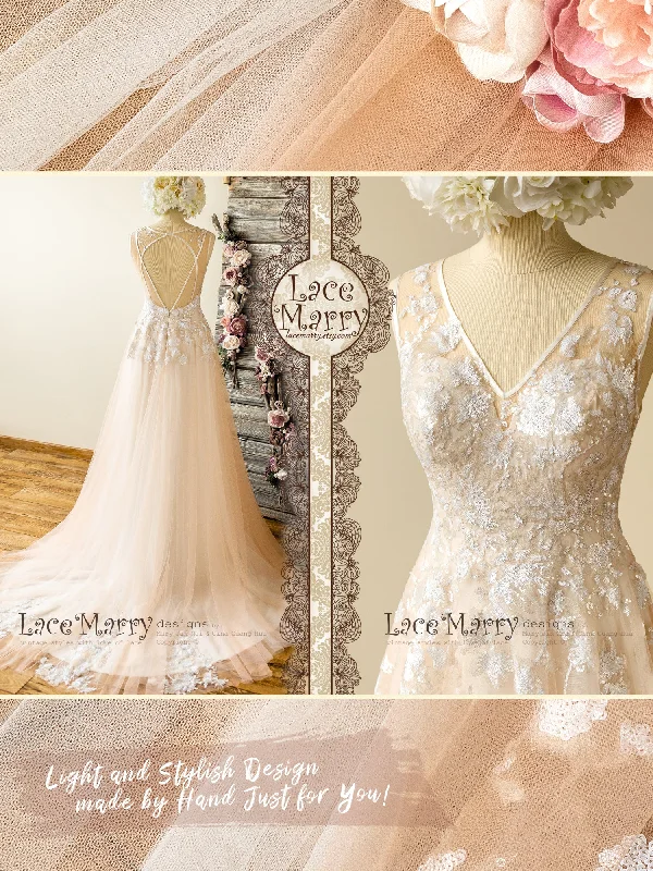 Boho Wedding Dress with Sparkly Ivory Flower Applique