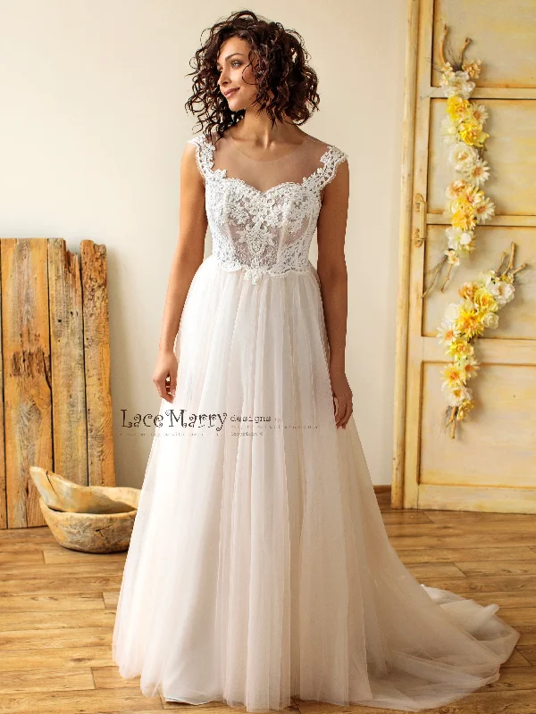 Elegant Boho Wedding Dress with Illusion Neckline