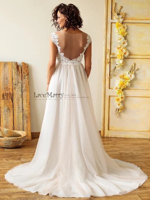 Elegant Boho Wedding Dress with Illusion Neckline