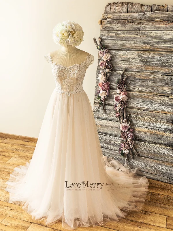 Elegant Boho Wedding Dress with Illusion Neckline