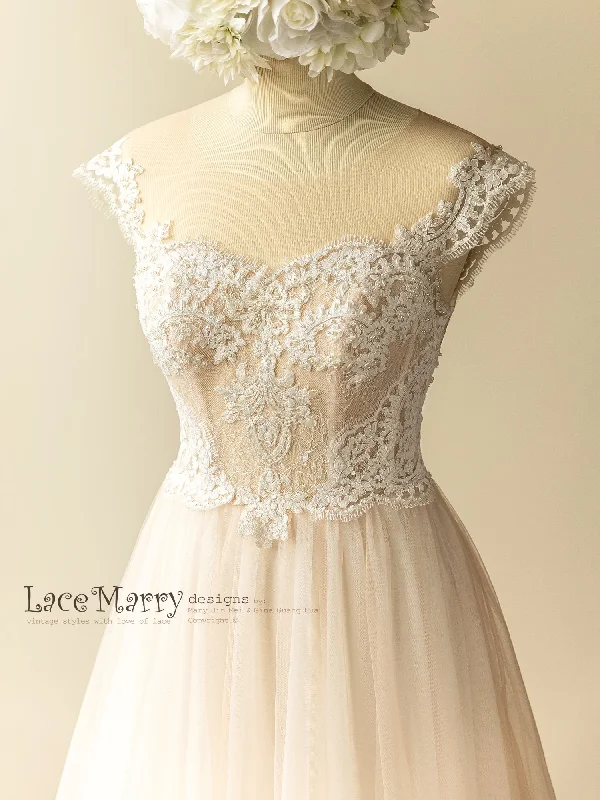 Elegant Boho Wedding Dress with Illusion Neckline