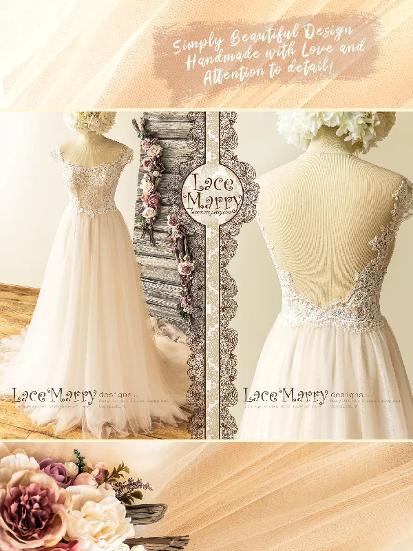 Elegant Boho Wedding Dress with Illusion Neckline