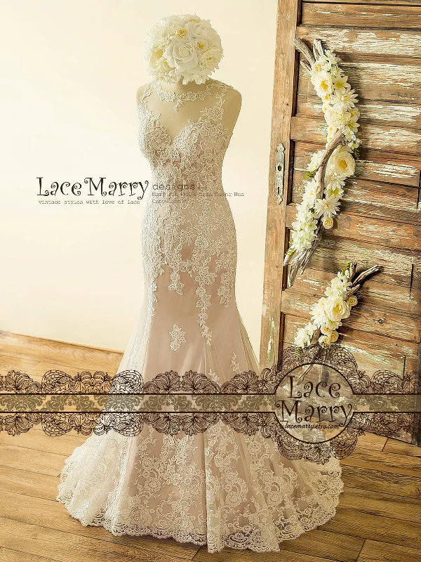 Incredible Blush Wedding Dress from Ivory Lace Flower Appliques