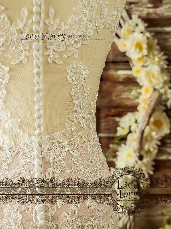 Incredible Blush Wedding Dress from Ivory Lace Flower Appliques